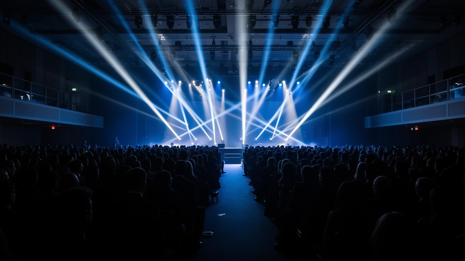 Live conference event with real-time transcription and translation displayed on screen